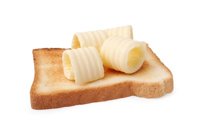 Photo of Tasty butter curls and toast isolated on white