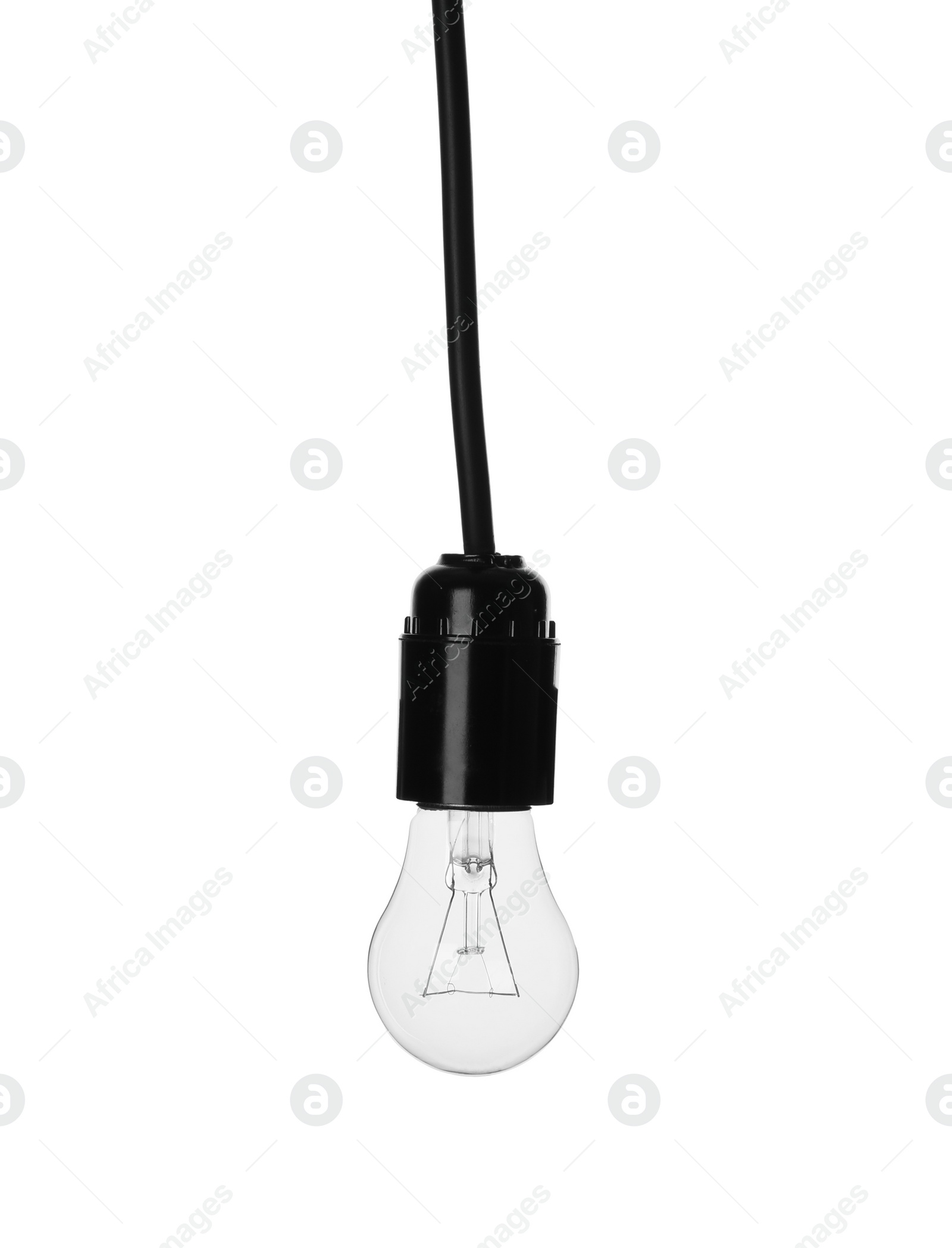 Photo of New lamp bulb hanging on white background