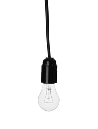 Photo of New lamp bulb hanging on white background
