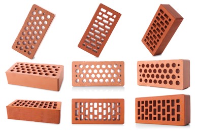 Set of red bricks on white background, different views