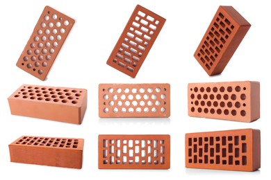 Image of Set of red bricks on white background, different views