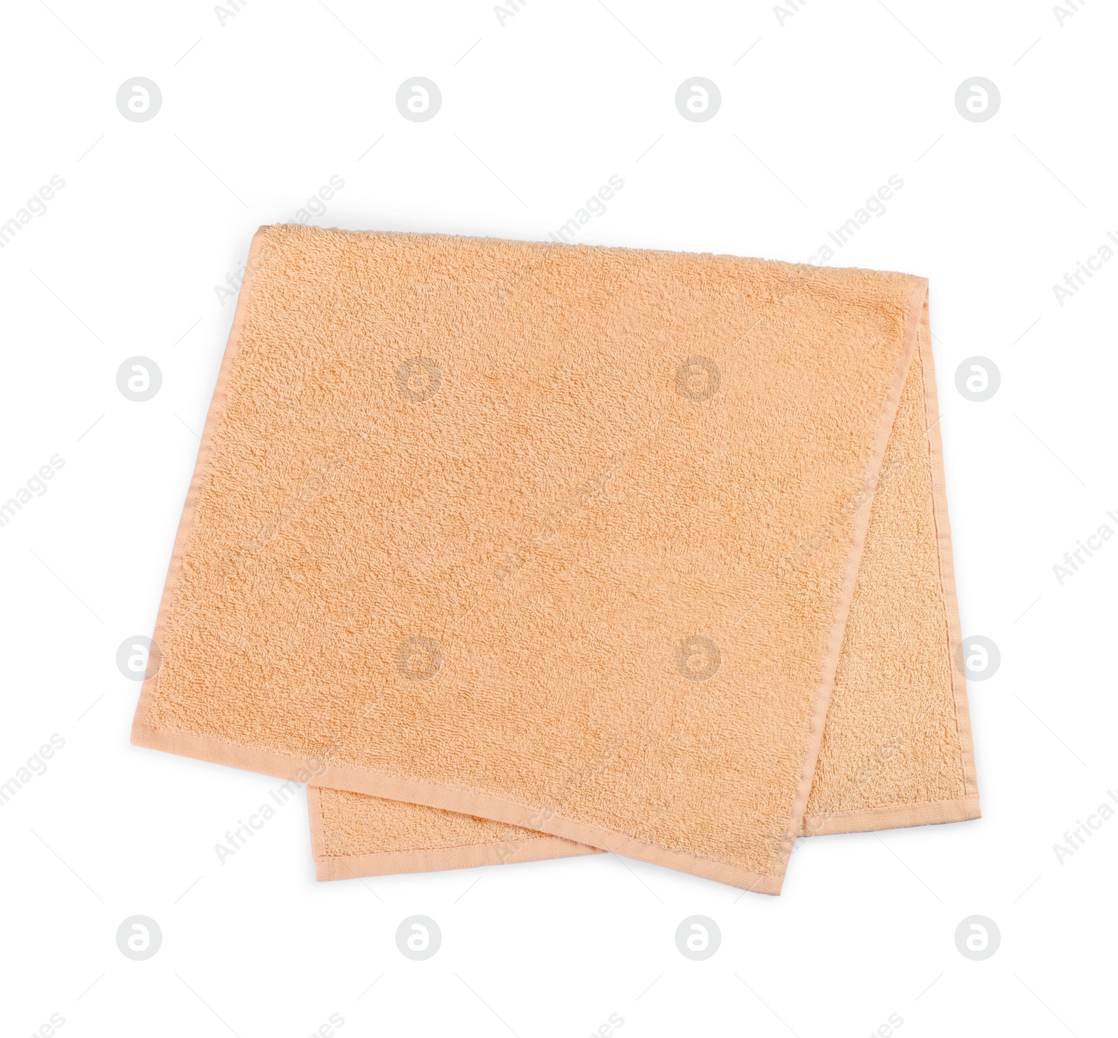 Photo of Soft colorful terry towel isolated on white, top view