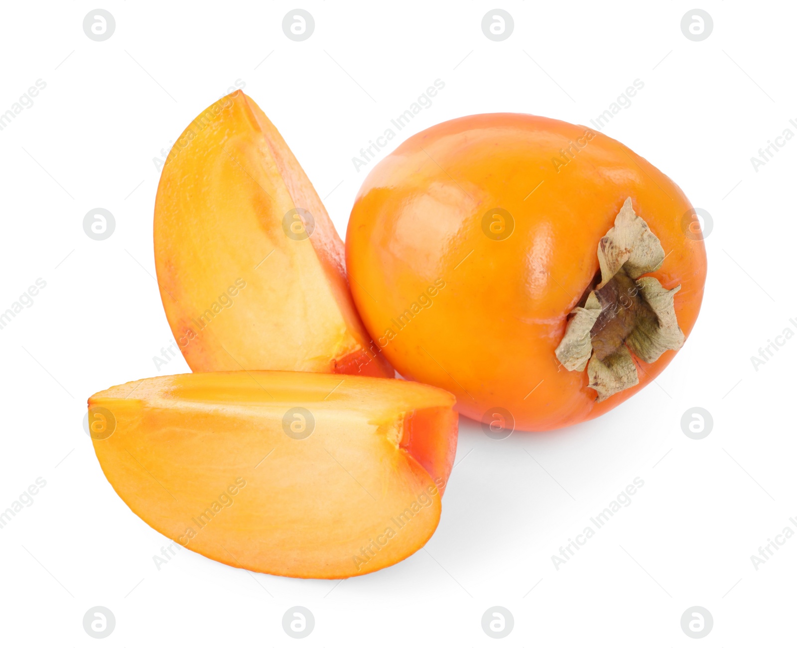 Photo of Whole and cut persimmon fruits isolated on white, top view