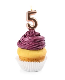 Birthday cupcake with number five candle on white background