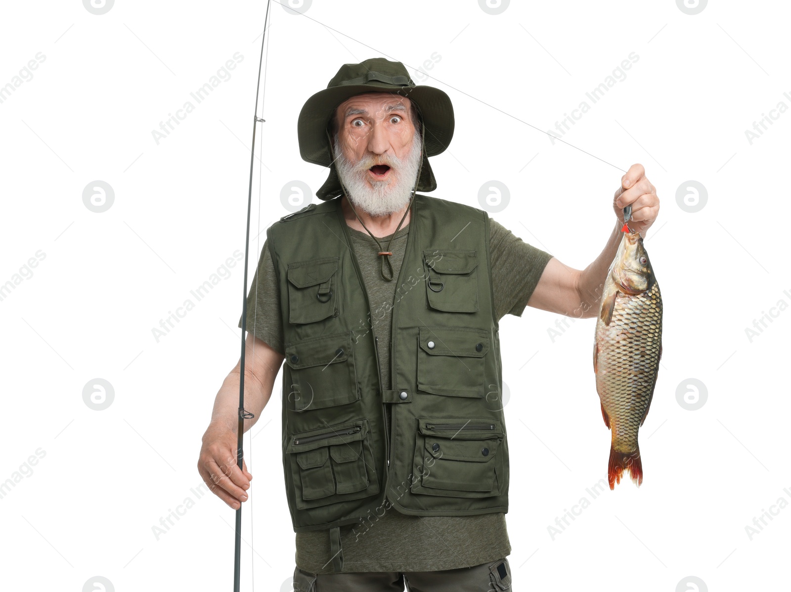 Photo of Fisherman with rod and catch isolated on white