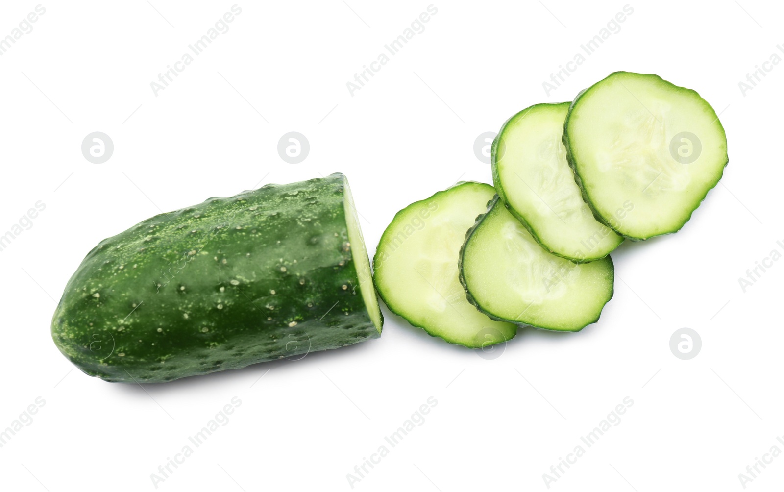 Photo of Fresh green sliced cucumber on white background, top view