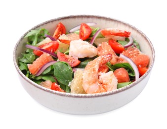 Photo of Delicious pomelo salad with shrimps and tomatoes isolated on white