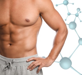 Image of Metabolism concept. Man with slim body on white background, closeup 