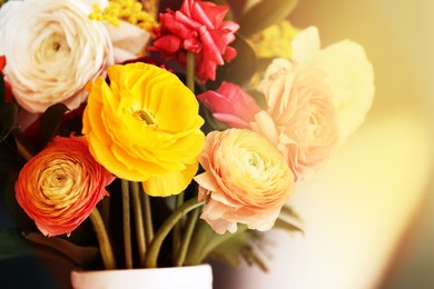 Image of Vase with beautiful ranunculus flowers on blurred background