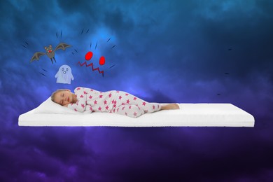 Nightmare concept. Little girl sleeping on mattress in sky with heavy rainy clouds