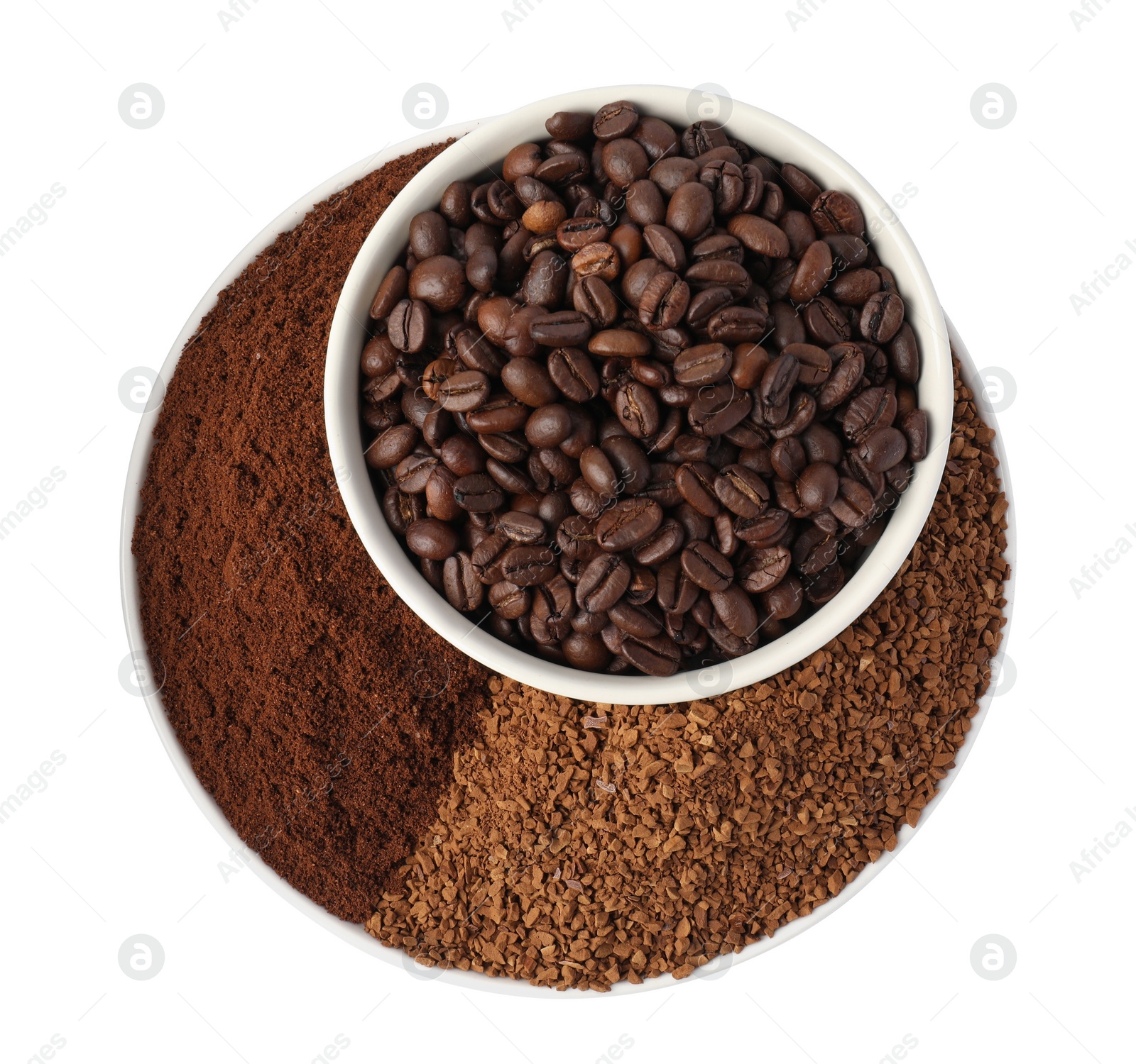 Photo of Plate with instant and ground coffee, roasted beans on white background, to view