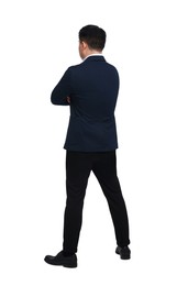 Photo of Businessman in suit posing on white background, back view
