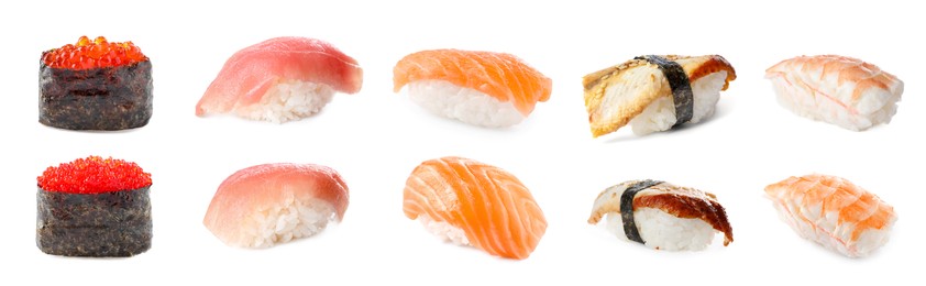 Set with different types of sushi on white background