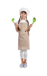 Photo of Full length portrait of little girl in chef hat with cooking utensils on white background
