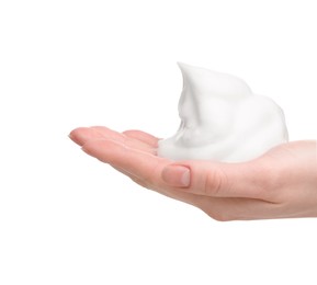 Photo of Woman with bath foam on white background, closeup