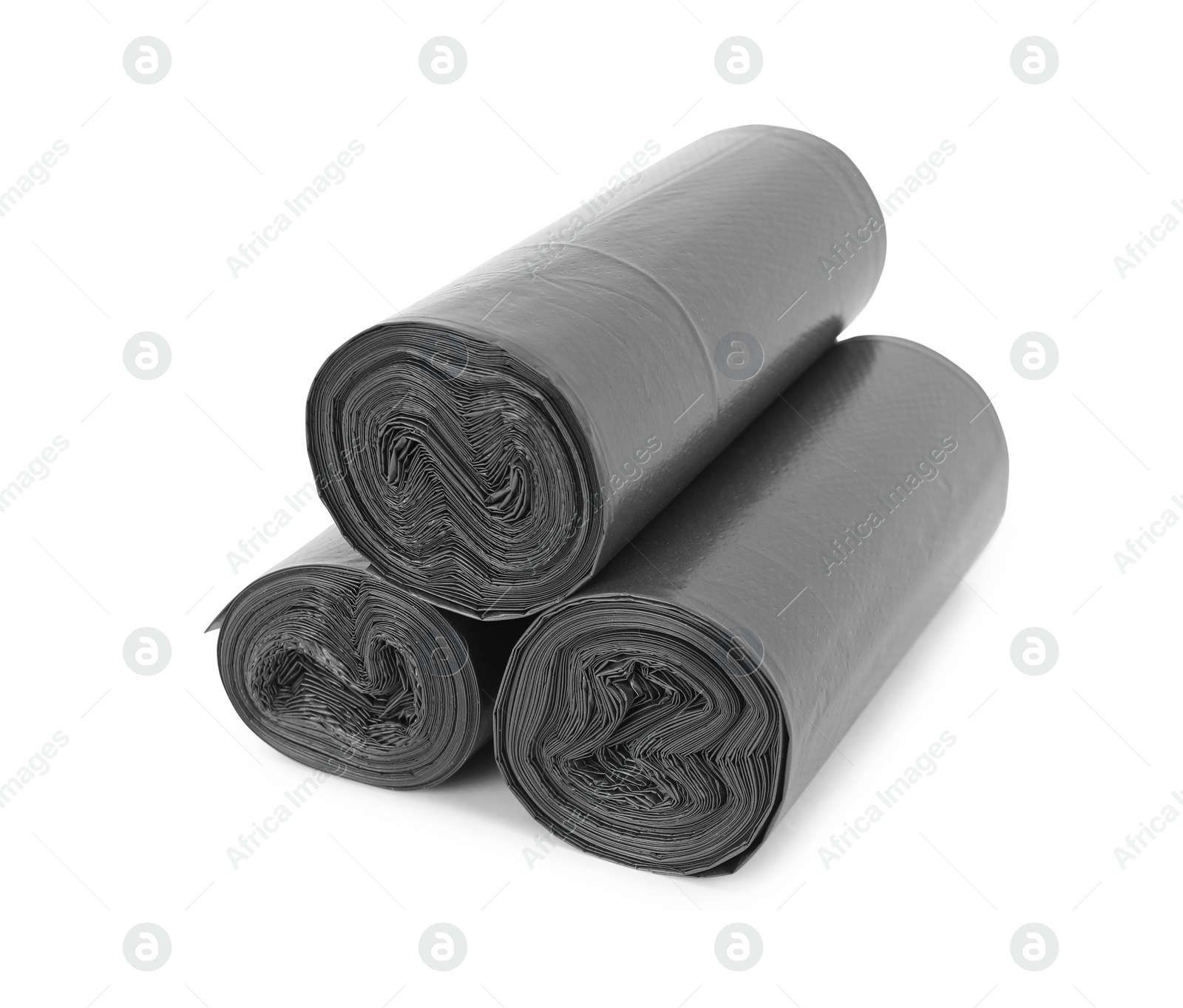 Photo of Rolls of black garbage bags isolated on white