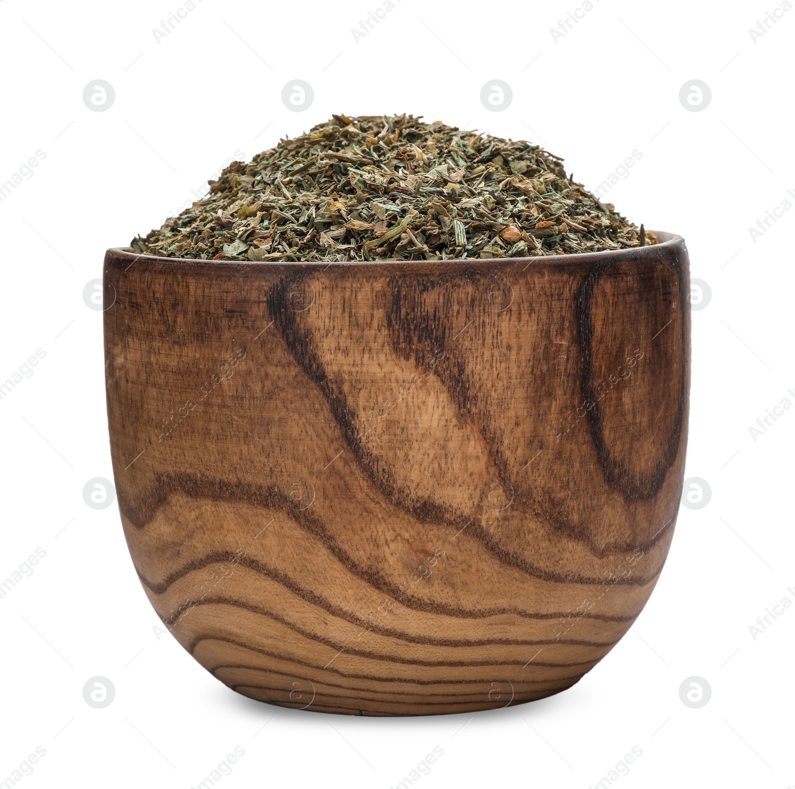 Photo of Bowl with dried parsley on white background