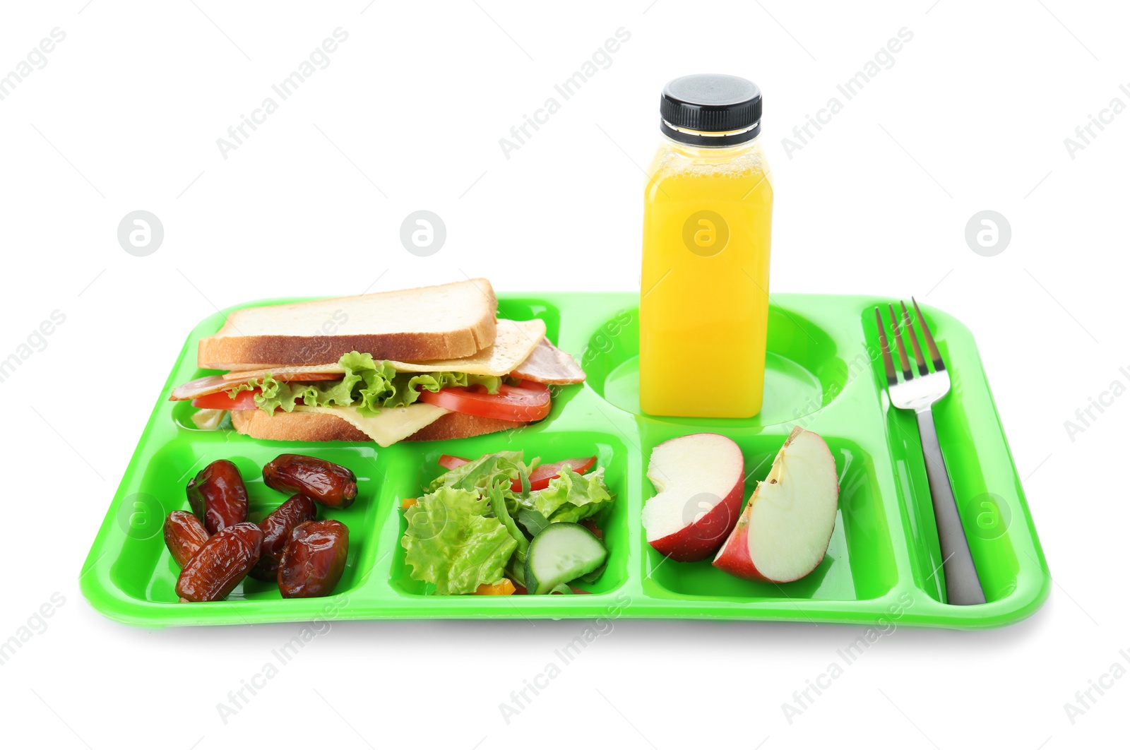 Photo of Serving tray with healthy food on white background. School lunch