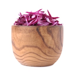 Photo of Bowl with chopped red cabbage on white background