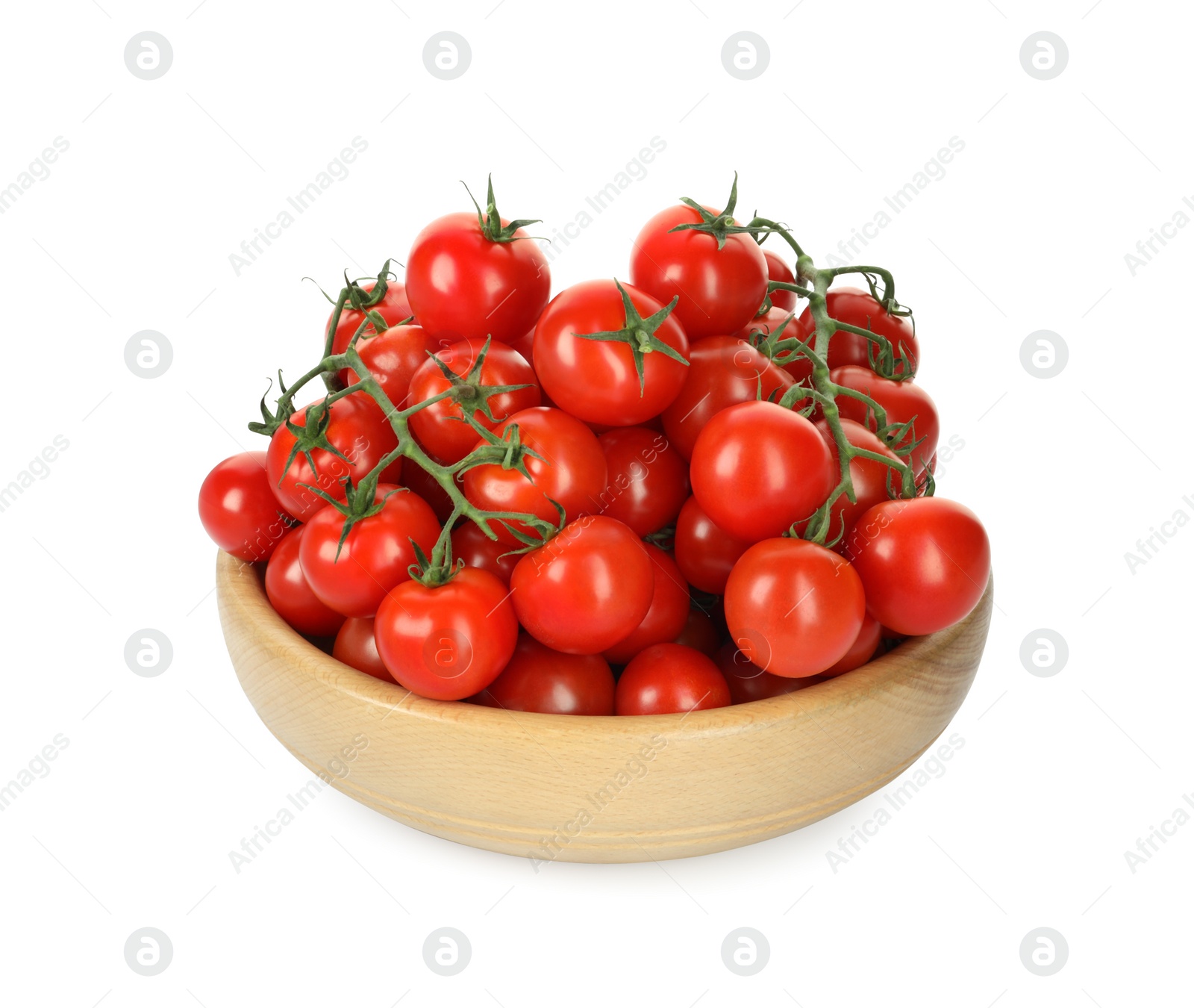 Photo of Wooden bowl with fresh ripe cherry tomatoes isolated on white