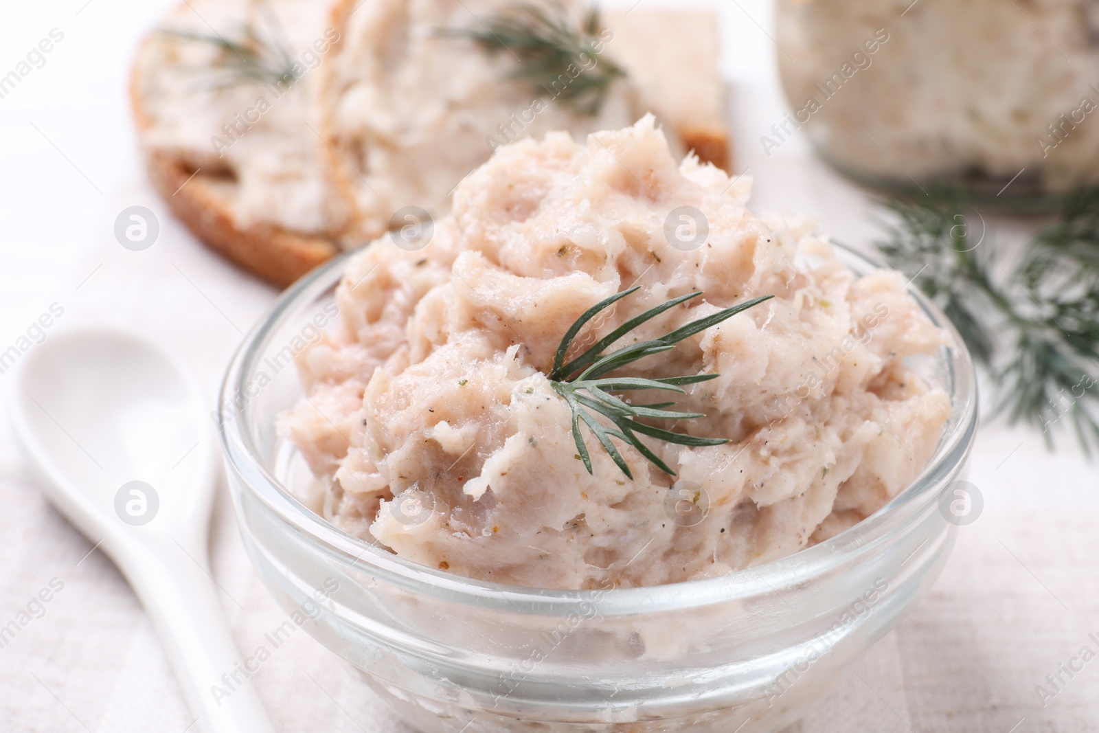 Photo of Delicious lard spread in bowl on table, closeup