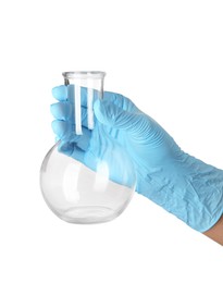 Scientist with flask on white background, closeup. Laboratory glassware