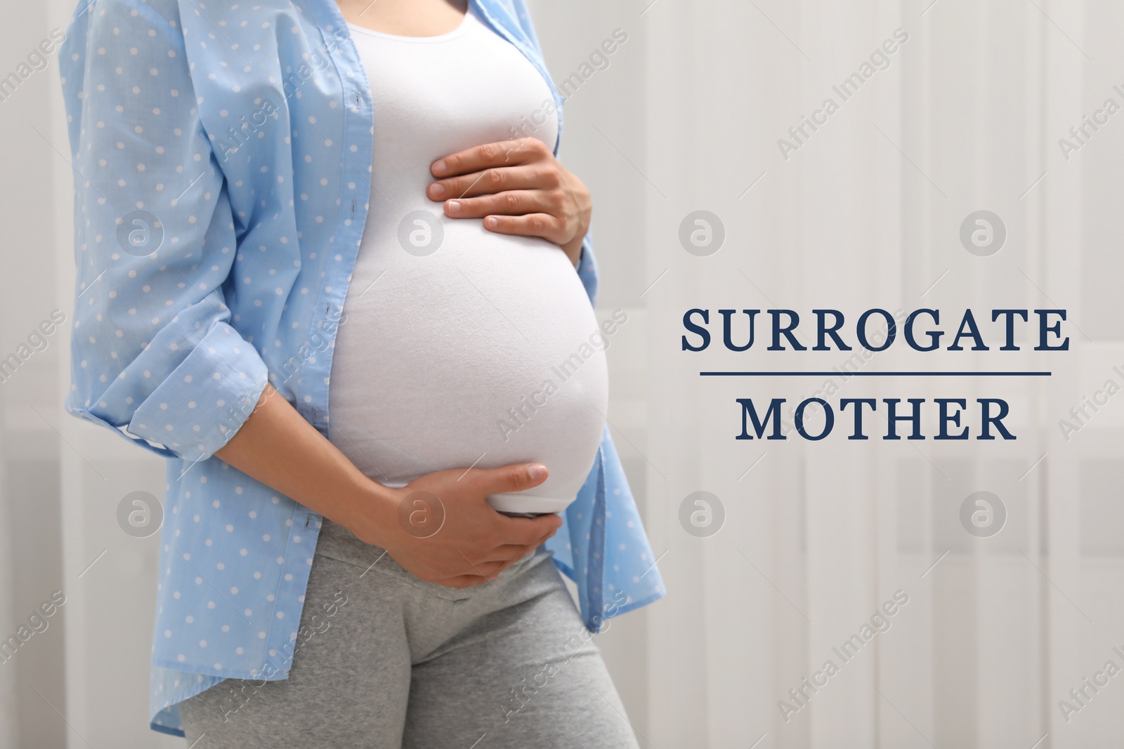 Image of Surrogate mother. Pregnant woman touching her belly indoors, closeup