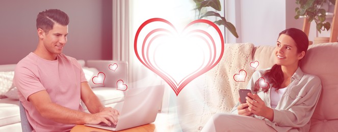 Man and woman chatting on dating site indoors, banner design. Many hearts between them
