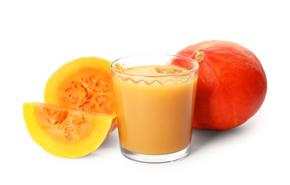 Photo of Glass with pumpkin juice and fresh vegetables on white background