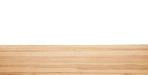 Photo of Stylish wooden table top against white background