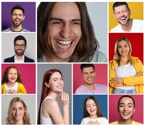 Collage with portraits of happy people on different color backgrounds