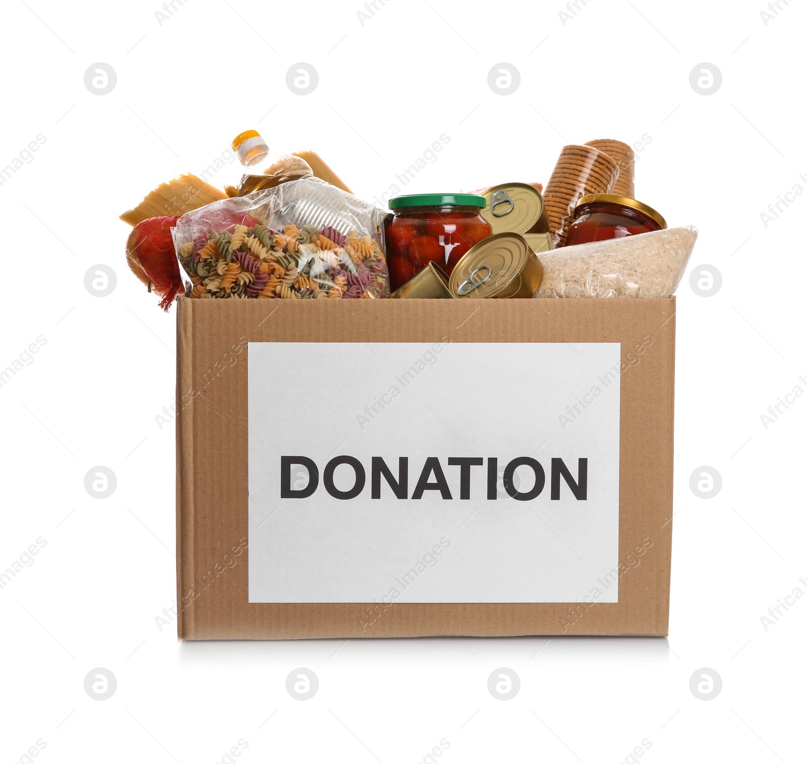 Photo of Donation box full of different products on white background