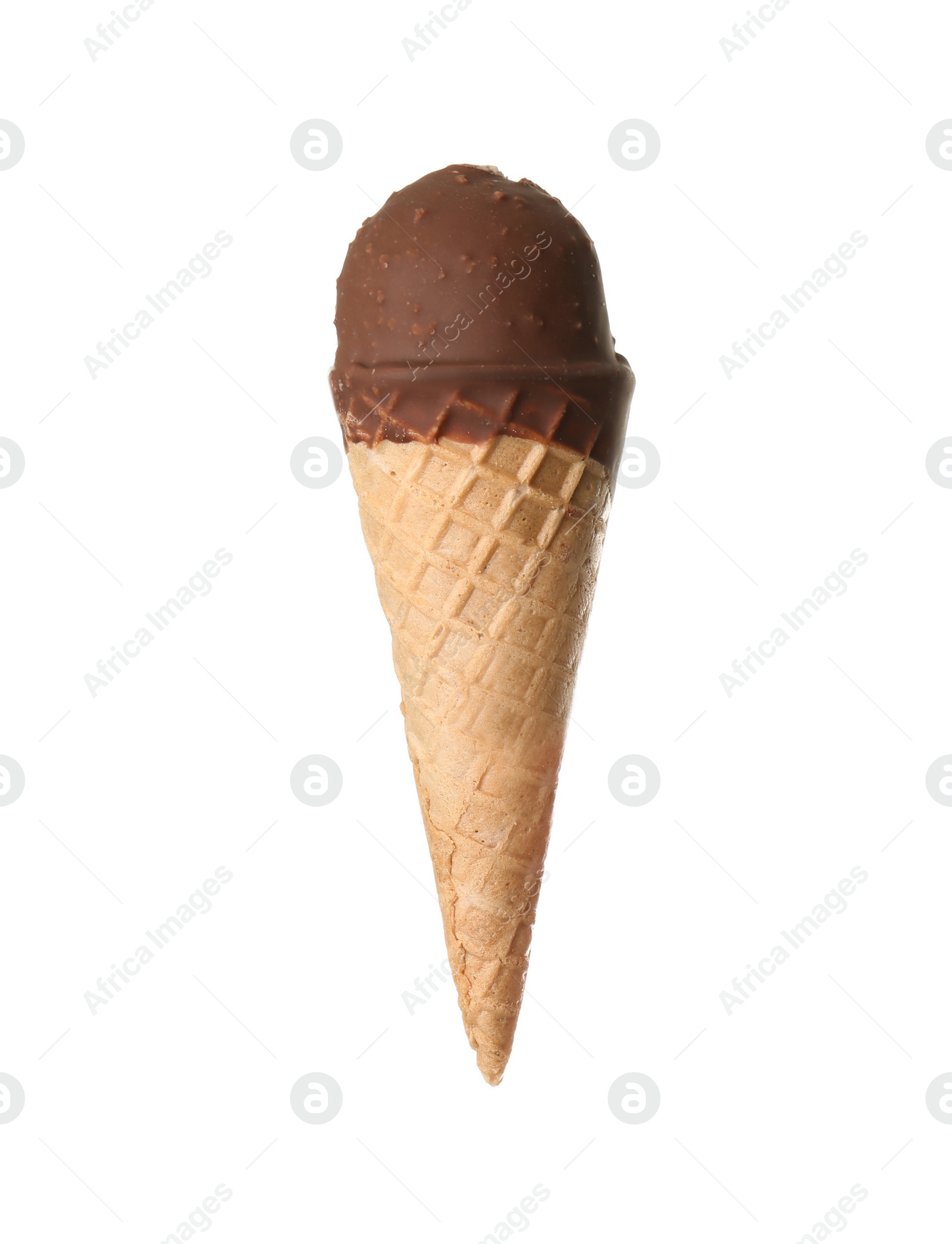 Photo of Woman holding ice cream in waffle cone against white background