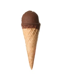 Photo of Woman holding ice cream in waffle cone against white background