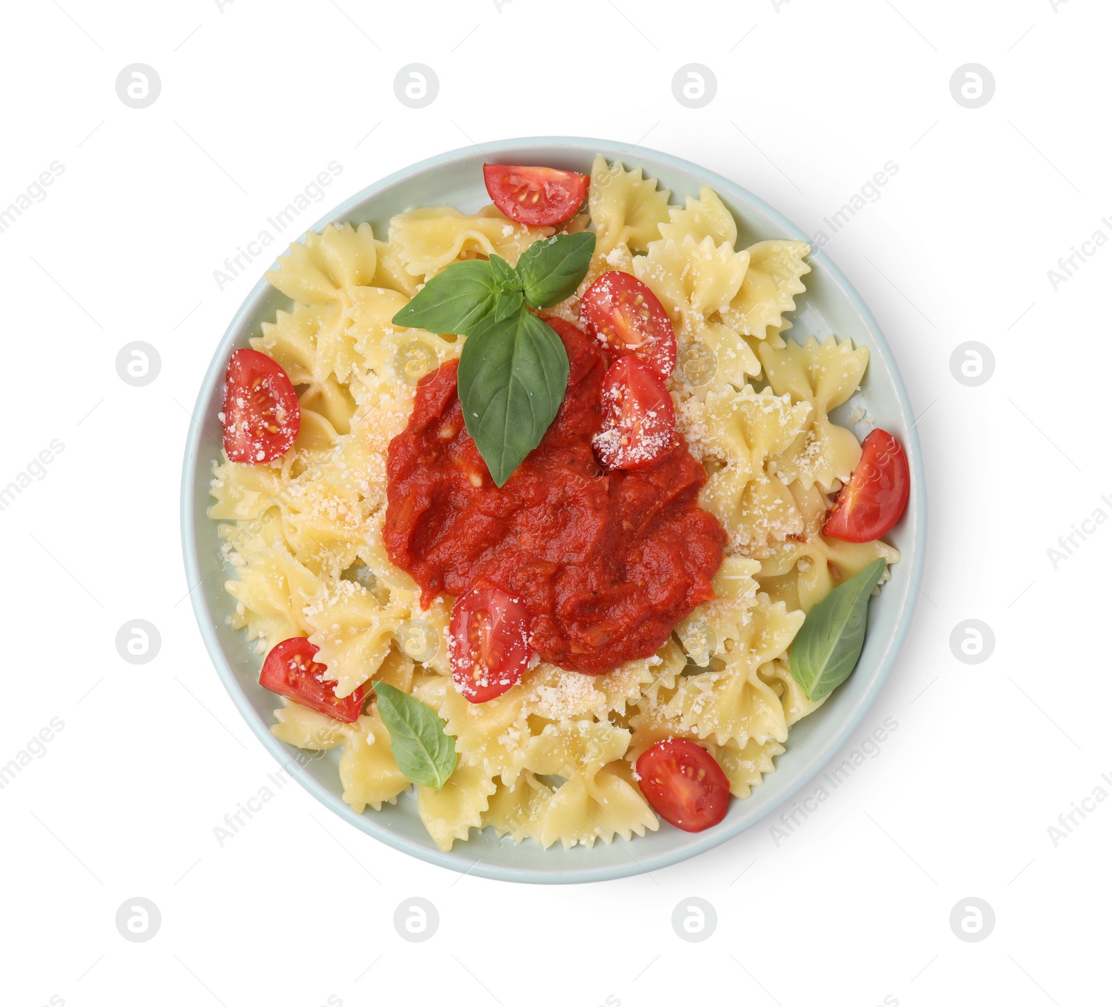 Photo of Tasty pasta with tomato sauce, cheese and basil isolated on white, top view