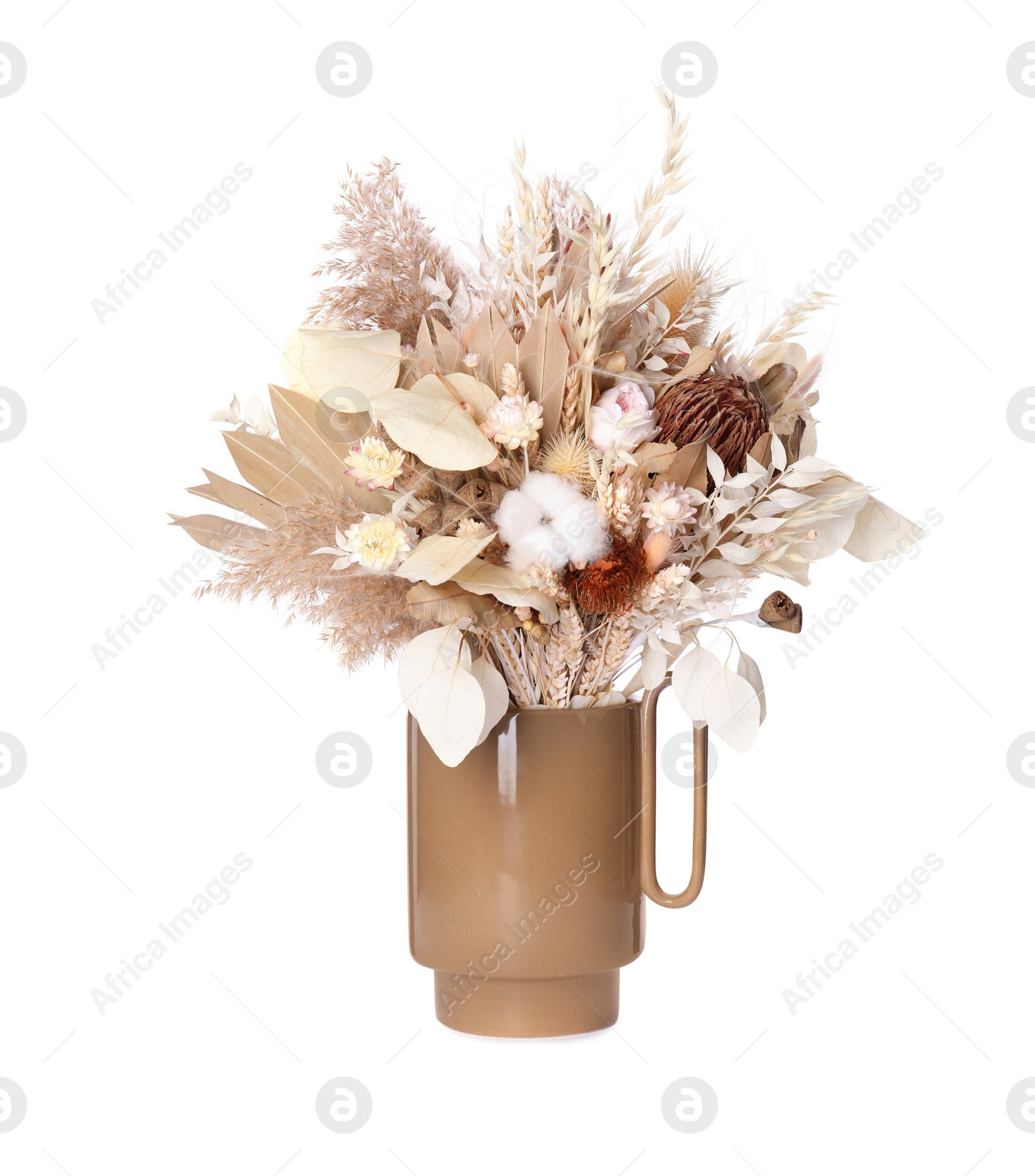 Photo of Stylish ceramic vase with dry flowers and leaves on white background