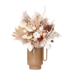 Stylish ceramic vase with dry flowers and leaves on white background