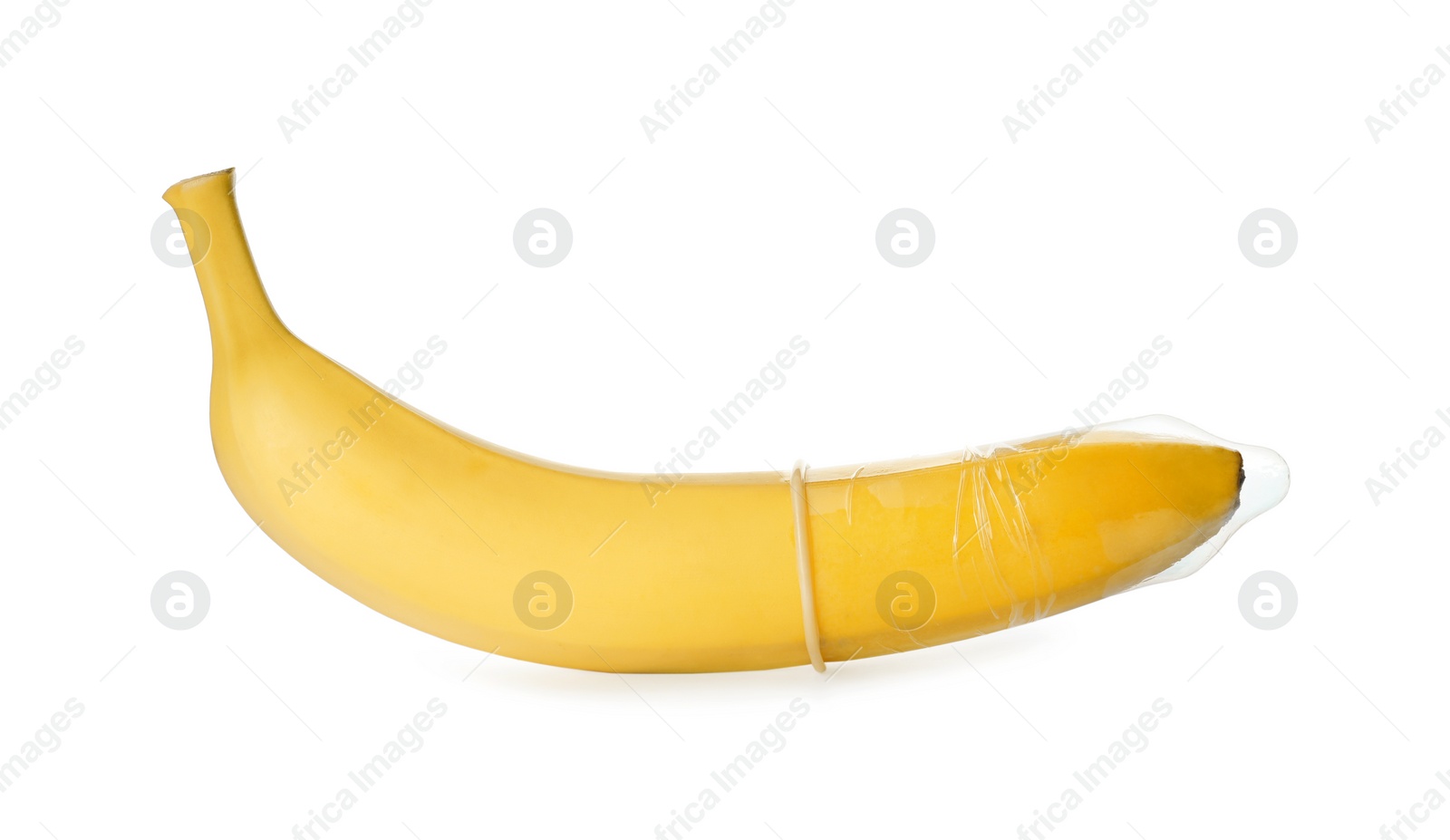 Photo of Banana with condom isolated on white. Safe sex concept