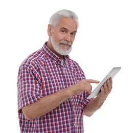 Photo of Senior man using tablet on white background