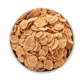 Photo of Bowl with wheat flakes on white background. Healthy grains and cereals