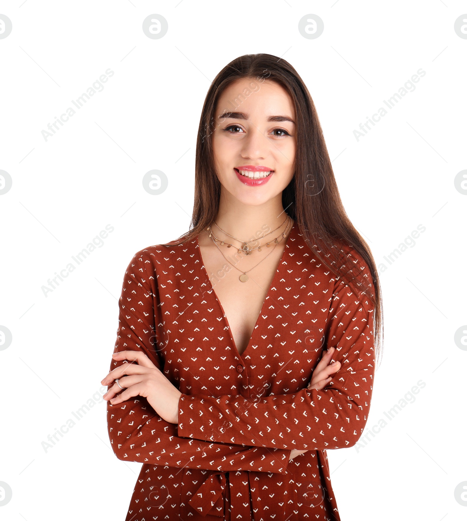 Photo of Portrait of beautiful young woman in stylish dress on white background