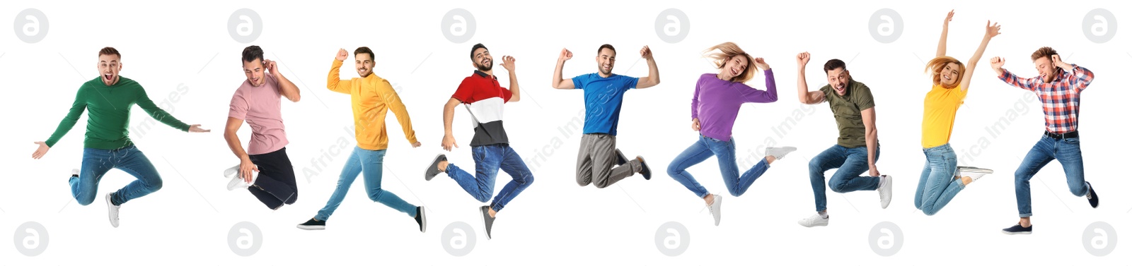 Image of Collage of emotional people jumping on white background. Banner design