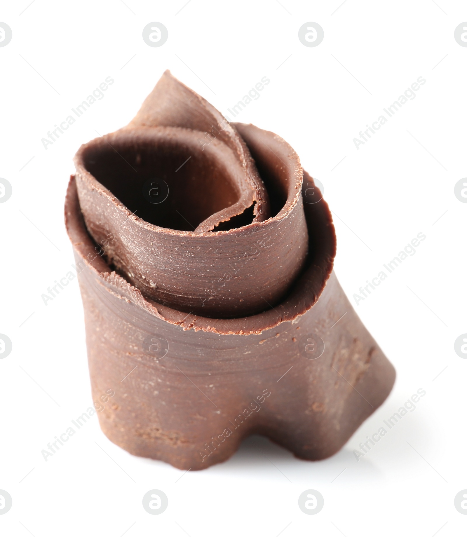 Photo of Yummy chocolate curl for decor on white background