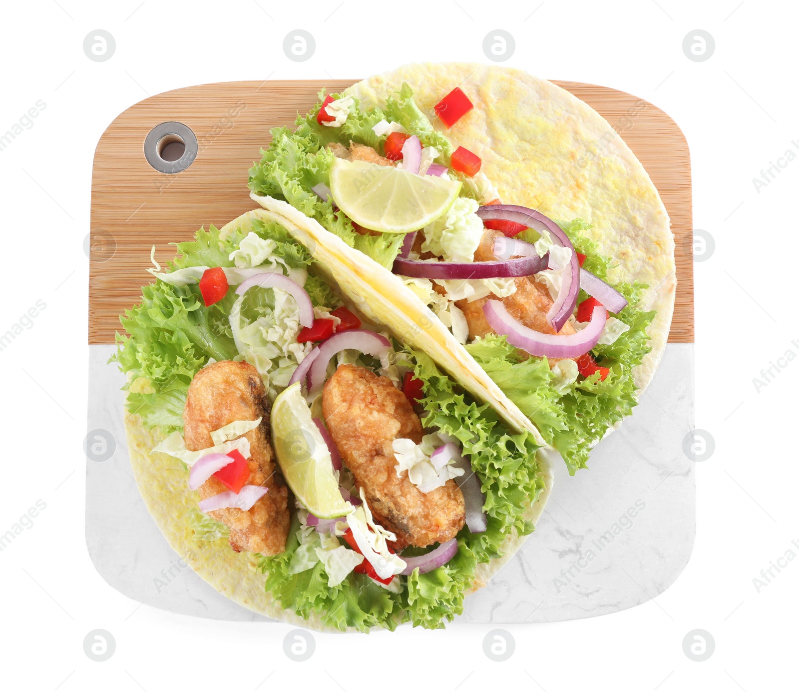 Photo of Delicious fish tacos isolated on white, top view