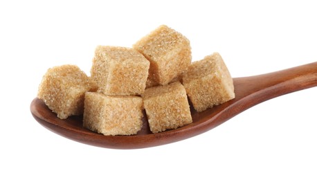 Photo of Brown sugar cubes in wooden spoon isolated on white, closeup