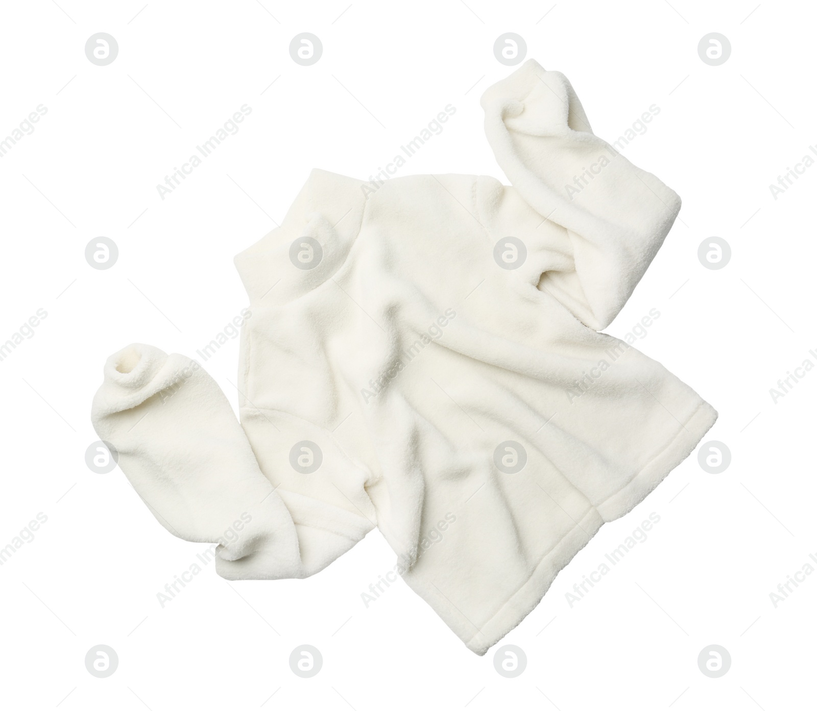 Photo of Fleece turtleneck pullover on white background, top view