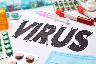 Photo of Word VIRUS and medicines on white background, closeup