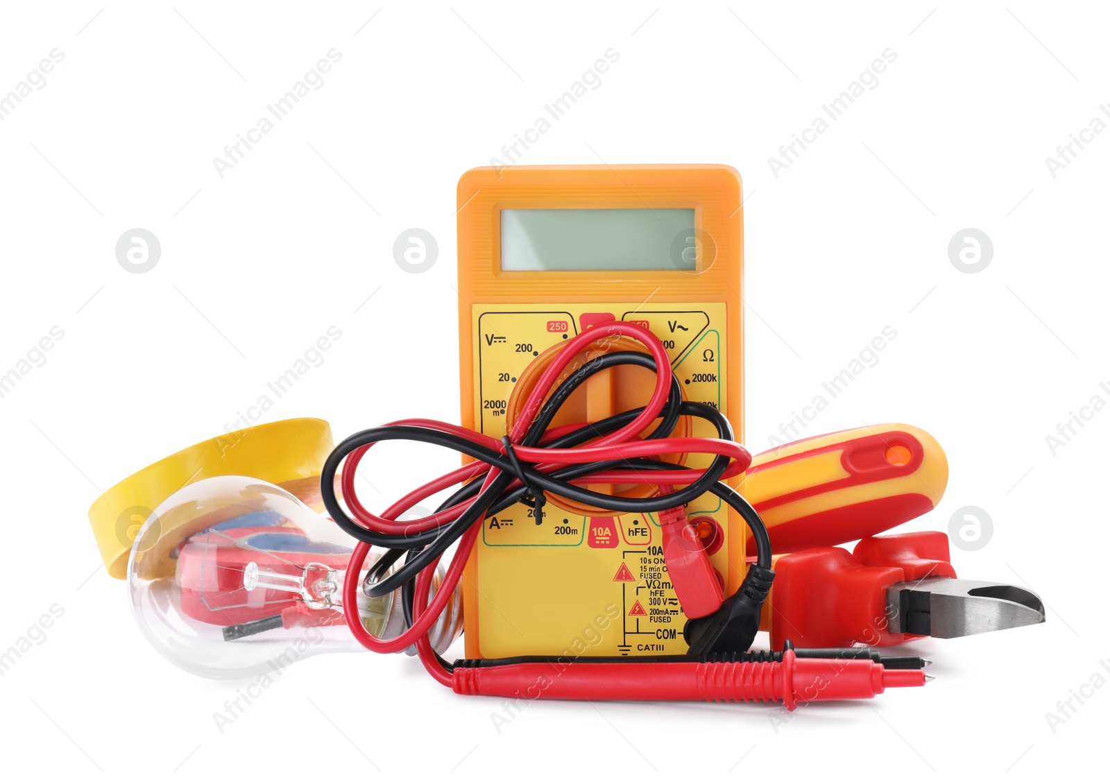 Photo of Set of electrician's tools and accessories on white background