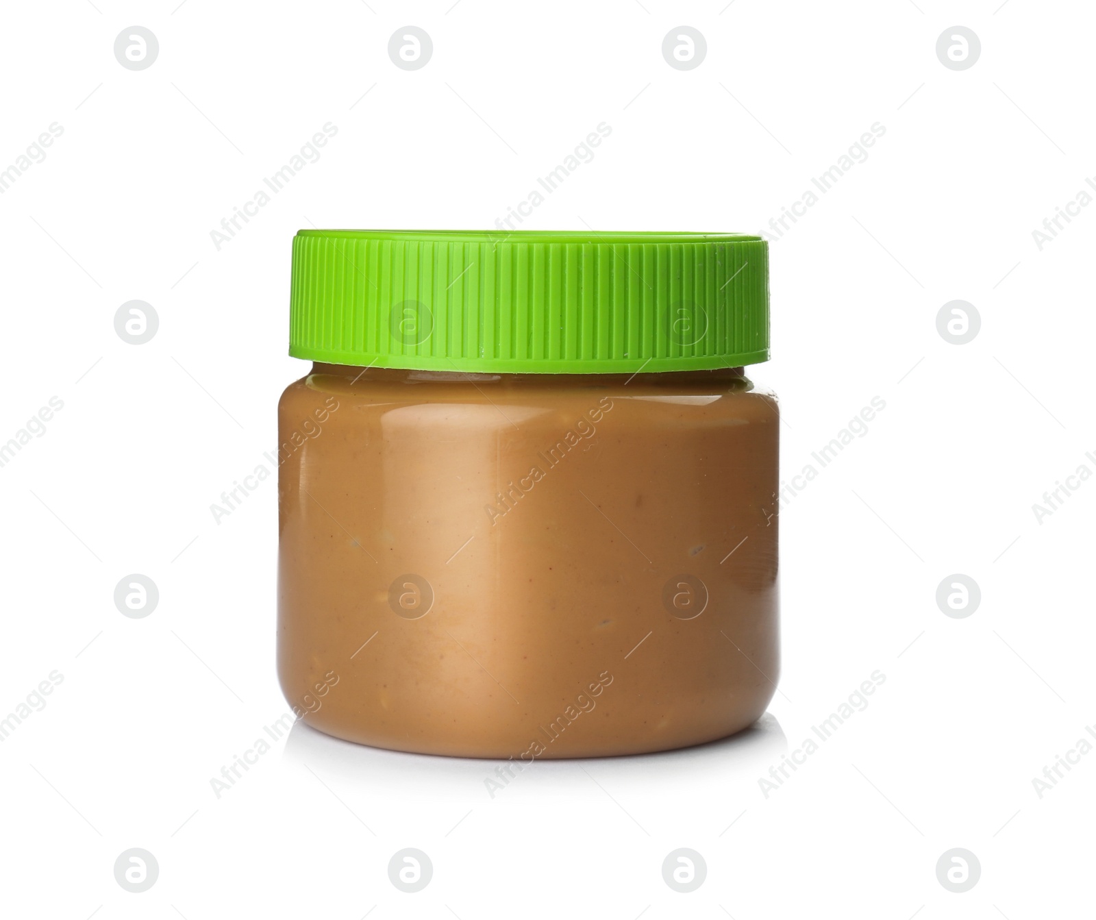 Photo of Jar with creamy peanut butter on white background