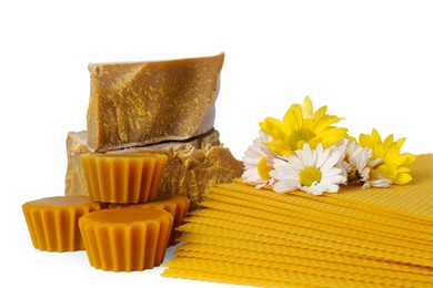 Photo of Different natural beeswax blocks, flowers and sheets on white background